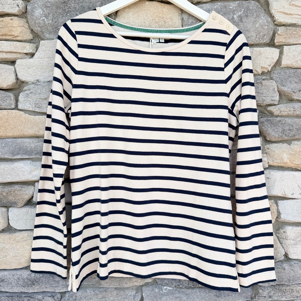 Boden Button Shoulder Breton Top Long Sleeve Navy Ivory Striped NWOT Size 10